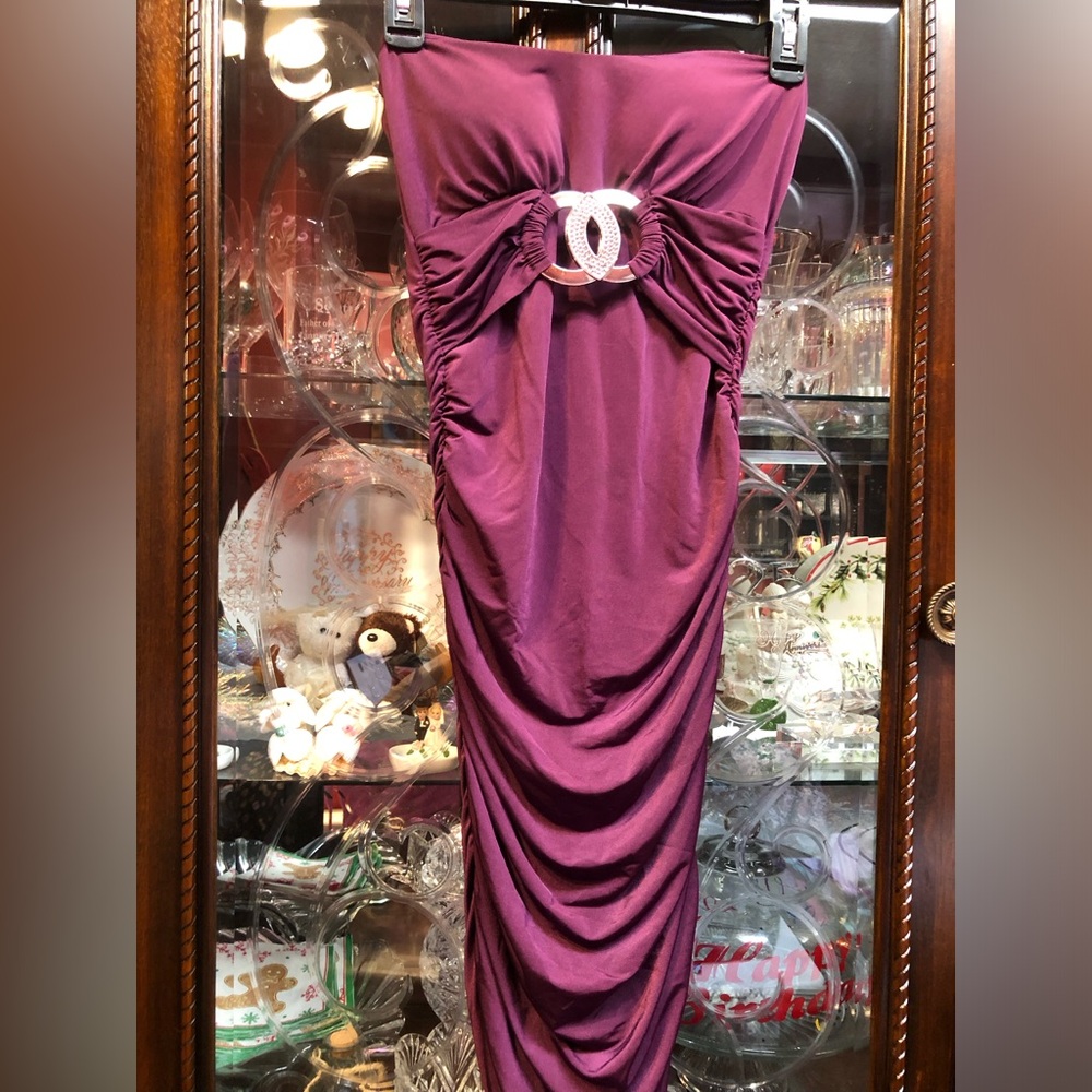 Vizio Strapless Ruched Plum Cocktail Dress with Rhinestone Accent